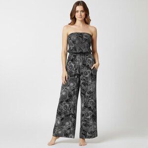 Strapless Wide Leg Jumpsuit Floral Black White Small